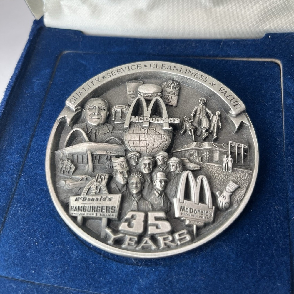 1990 Rare Silver Pewter McDonald's 35 Years Medal Trophy Award in Blue Case
